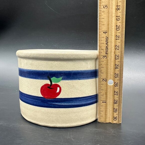 Vintage Stoneware Crock Jar Blue Stripe Cherry Apple Storage Container Farmhouse - Picture 10 of 11
